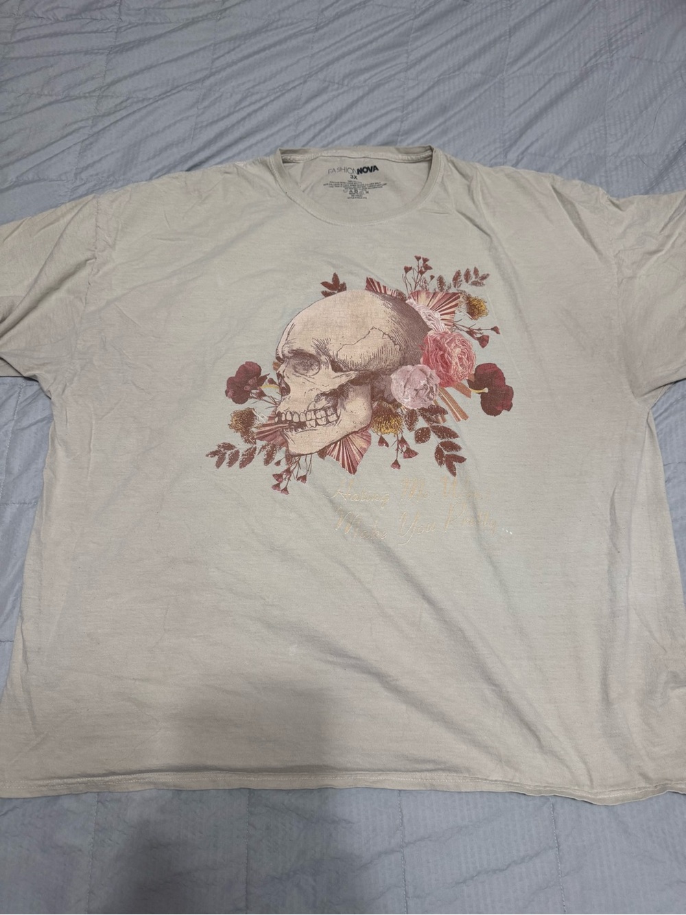 Fashion Nova Cream Skull & Floral Crew Tee